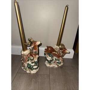 Fitz And Floyd Vintage Father Noel‎ Deer Christmas Candle Holders Candleholders